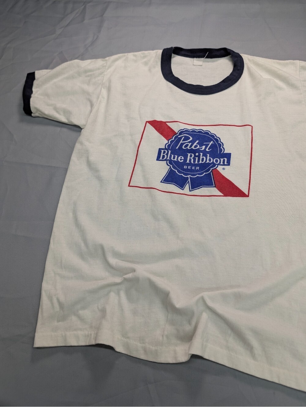 Pabst Blue Ribbon Beer T Shirt Vintage Ringer White Blue L